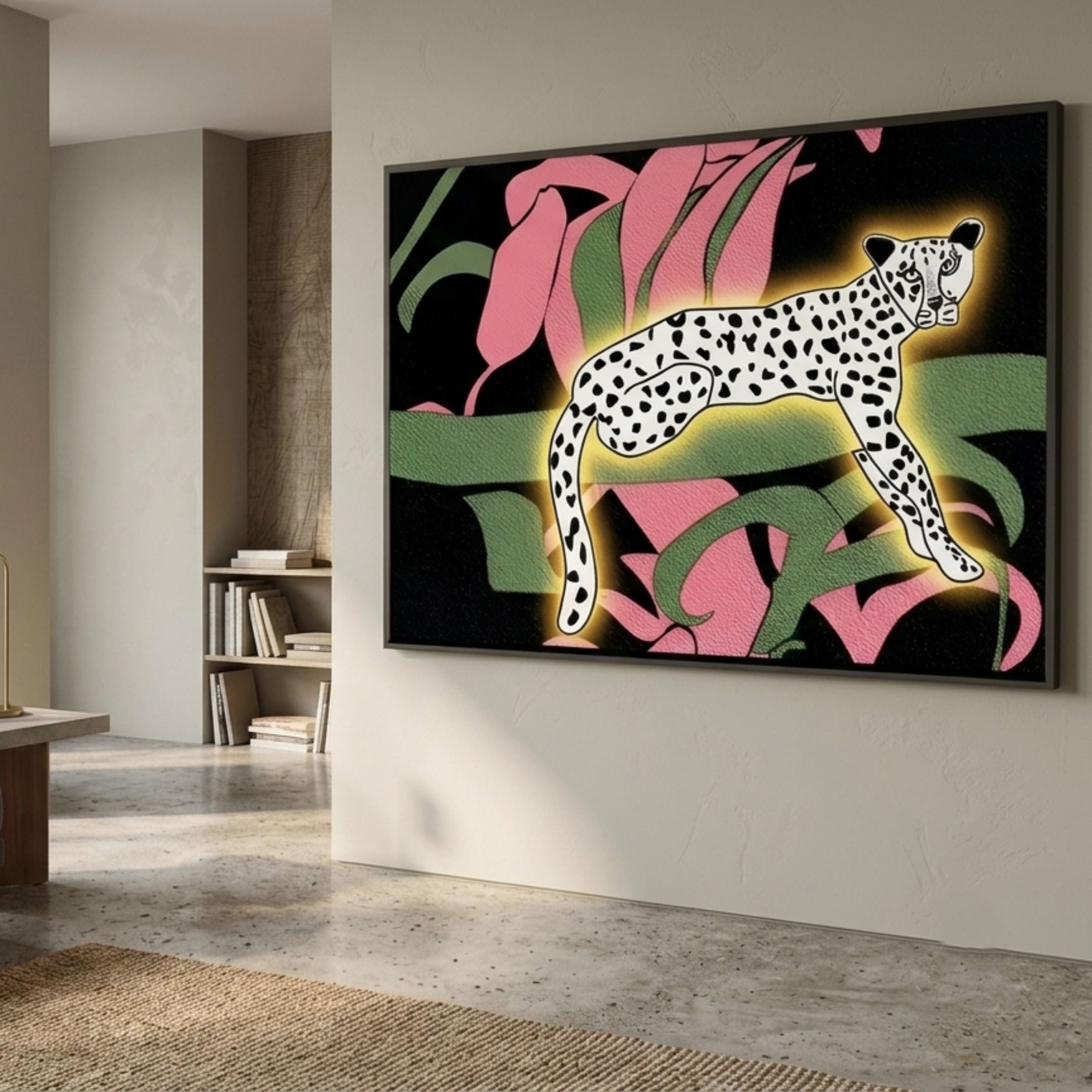 Juniper I Botanical Escape 3D LED wall art with a black-and-white spotted leopard on a green branch among pink and green foliage, displayed in a hallway.