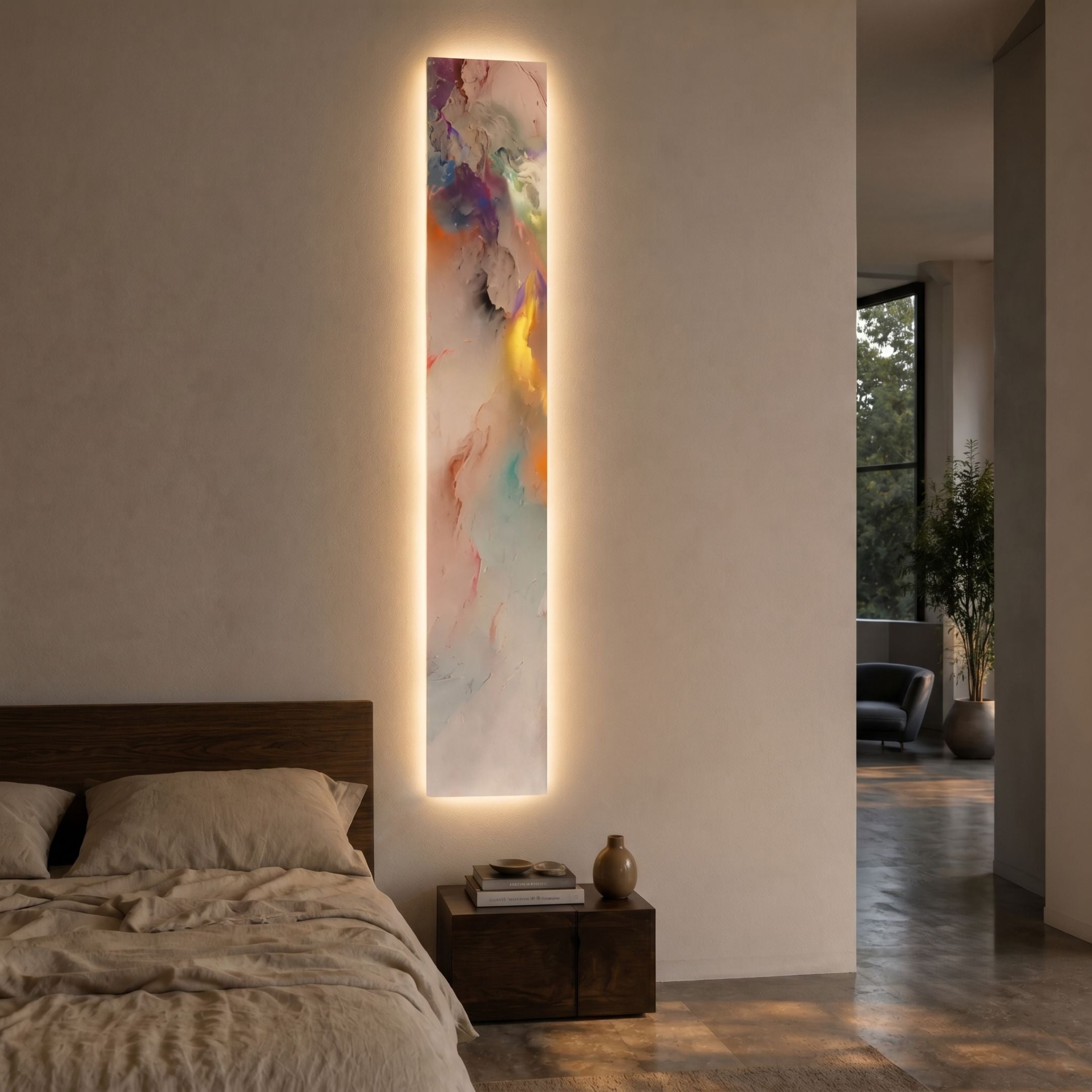 Tall Chroma Aurora Pastel Swirls LED Wall Art Canvas by Giant Sculptures glowing with purple, orange and blue swirls above a bedside table in a modern bedroom.