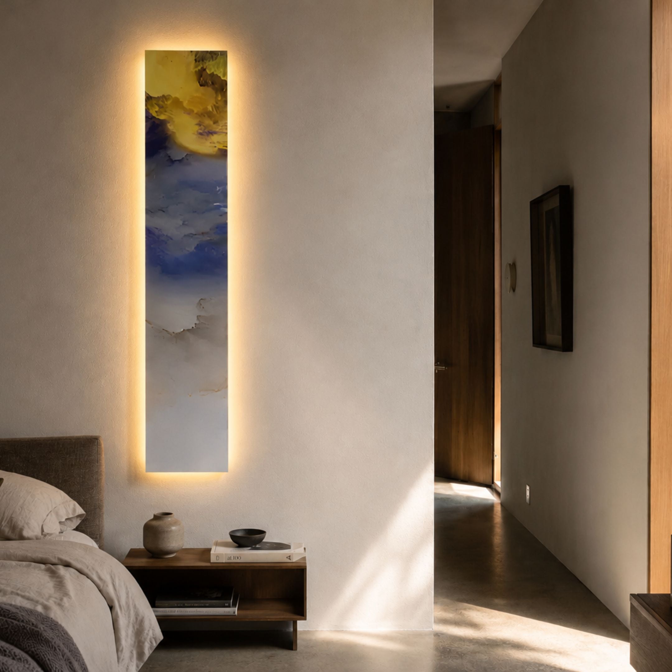 Chroma Sunset Fiery Strokes LED Wall Art Canvas by Giant Sculptures glowing on a bedroom wall above a wooden nightstand with vase and books.