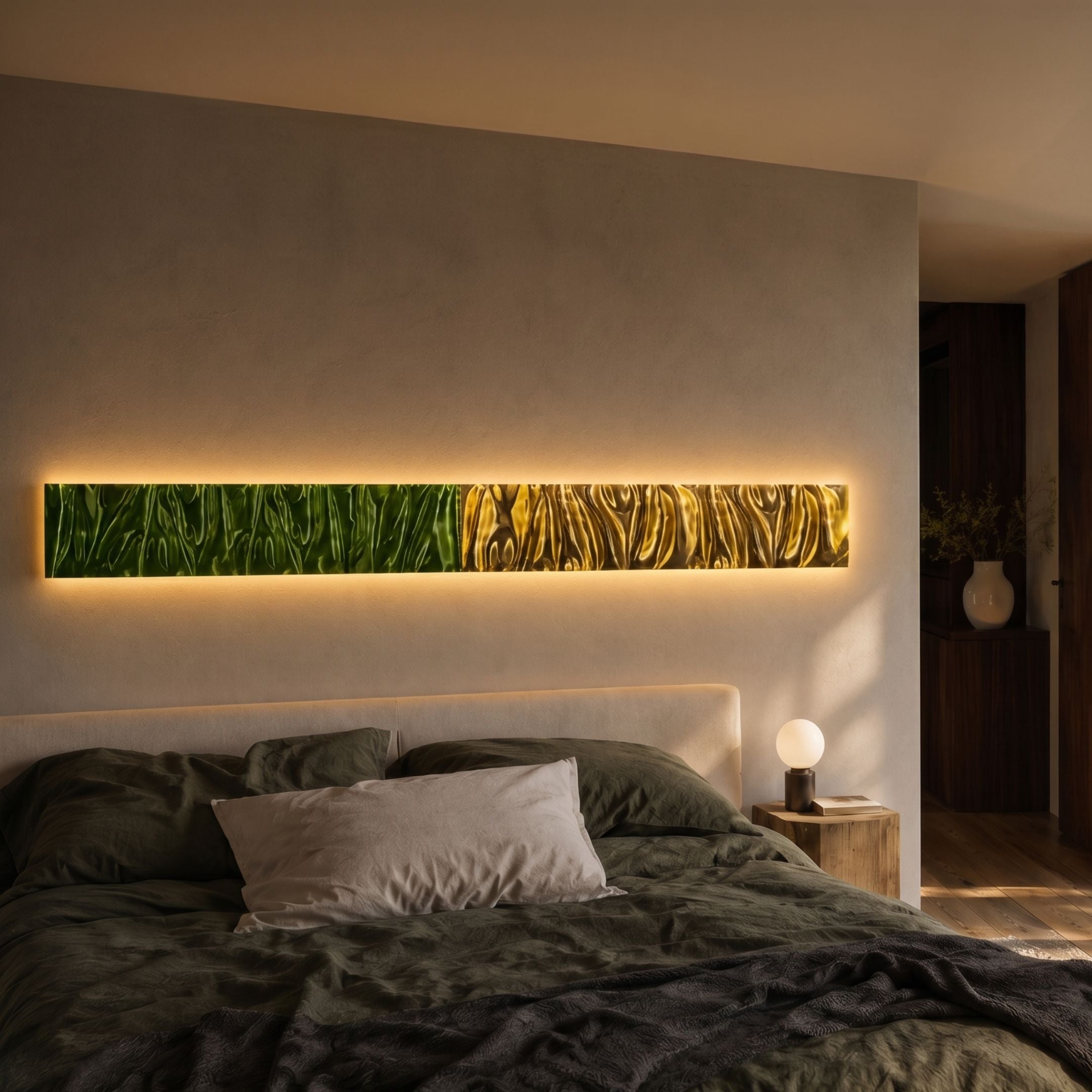 Textura 3D Green and Gold Leather Design Wall Art by Giant Sculptures, a long horizontal wave-relief panel backlit above a bed with green linens.