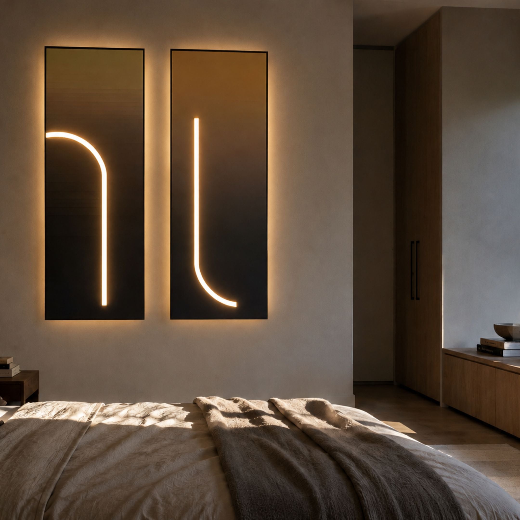 Arcolume III Neutral Gradient Geometric LED Wall Art by Giant Sculptures, two dark panels with glowing arched and curved white LED lines, mounted above a bed.