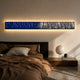 Textura 3D Blue And Silver Leather Design Wall Art by Giant Sculptures mounted above a dark bed with brown bedding, paper lantern lamp on a wooden nightstand.