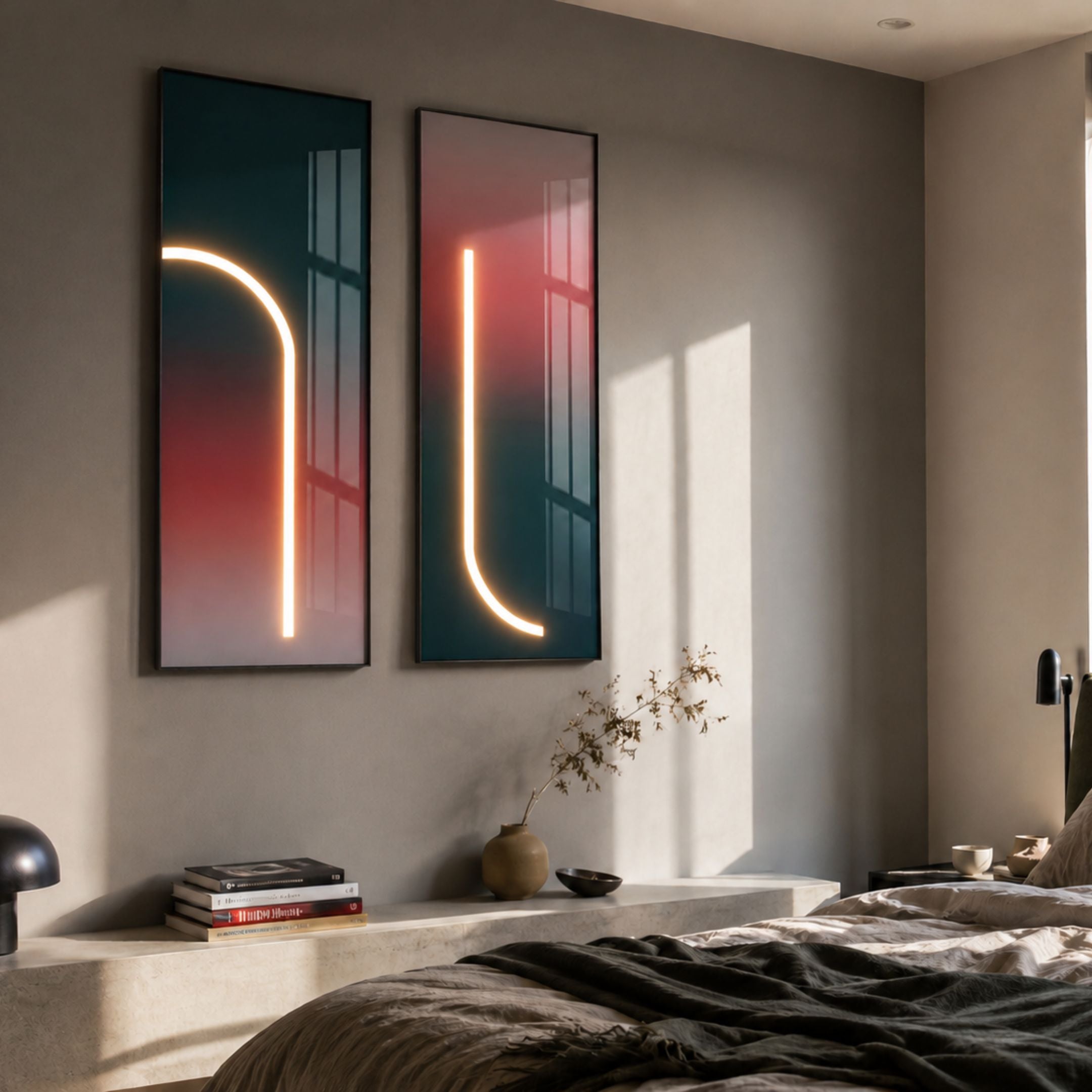 Arcolume III Geometric Abstraction Gradient LED Wall Art diptych displayed above a bedroom shelf, with green and red gradient panels lit by curved white LED lines.