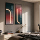 Arcolume III Geometric Abstraction Gradient LED Wall Art diptych displayed above a bedroom shelf, with green and red gradient panels lit by curved white LED lines.