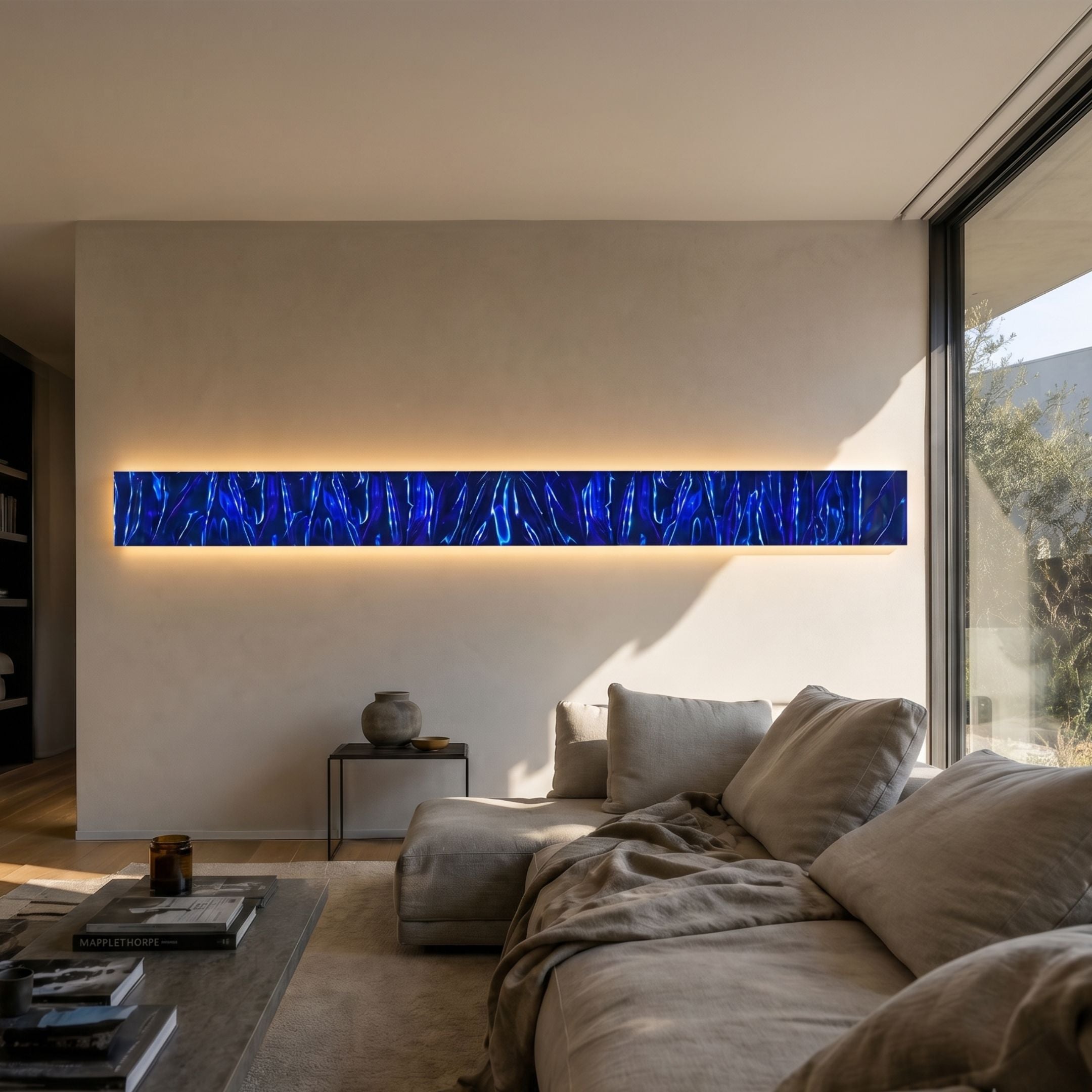 Textura 3D Sapphire Blue Leather Design Wall Art by Giant Sculptures, a long horizontal illuminated panel mounted above a beige sofa in a sunlit living room.