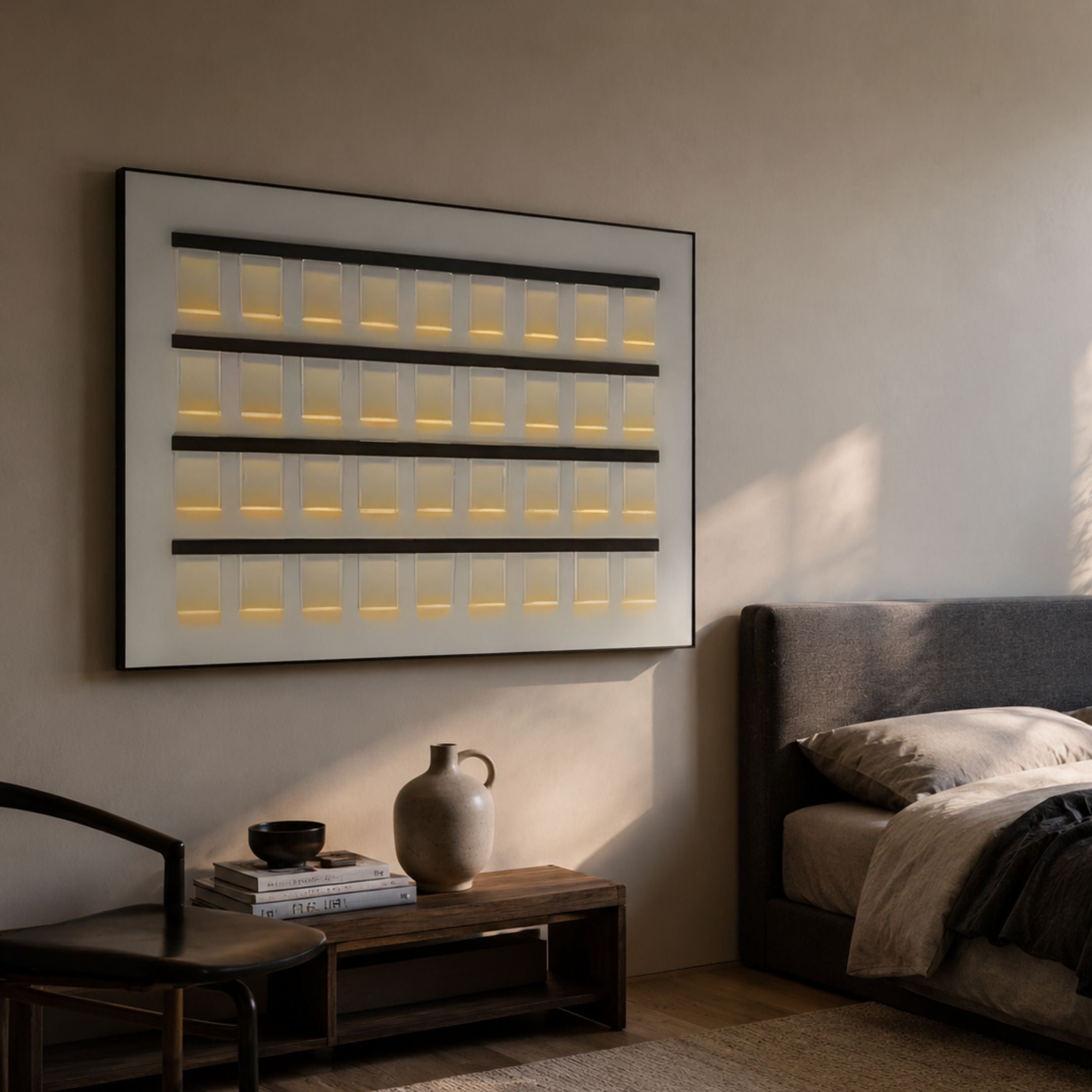 Zenith White 3D Framed Horizontal Acrylic LED Layered Wall Art by Giant Sculptures, glowing warm white above a wooden bench and bed in a modern bedroom.