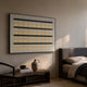 Zenith White 3D Framed Horizontal Acrylic LED Layered Wall Art by Giant Sculptures, glowing warm white above a wooden bench and bed in a modern bedroom.