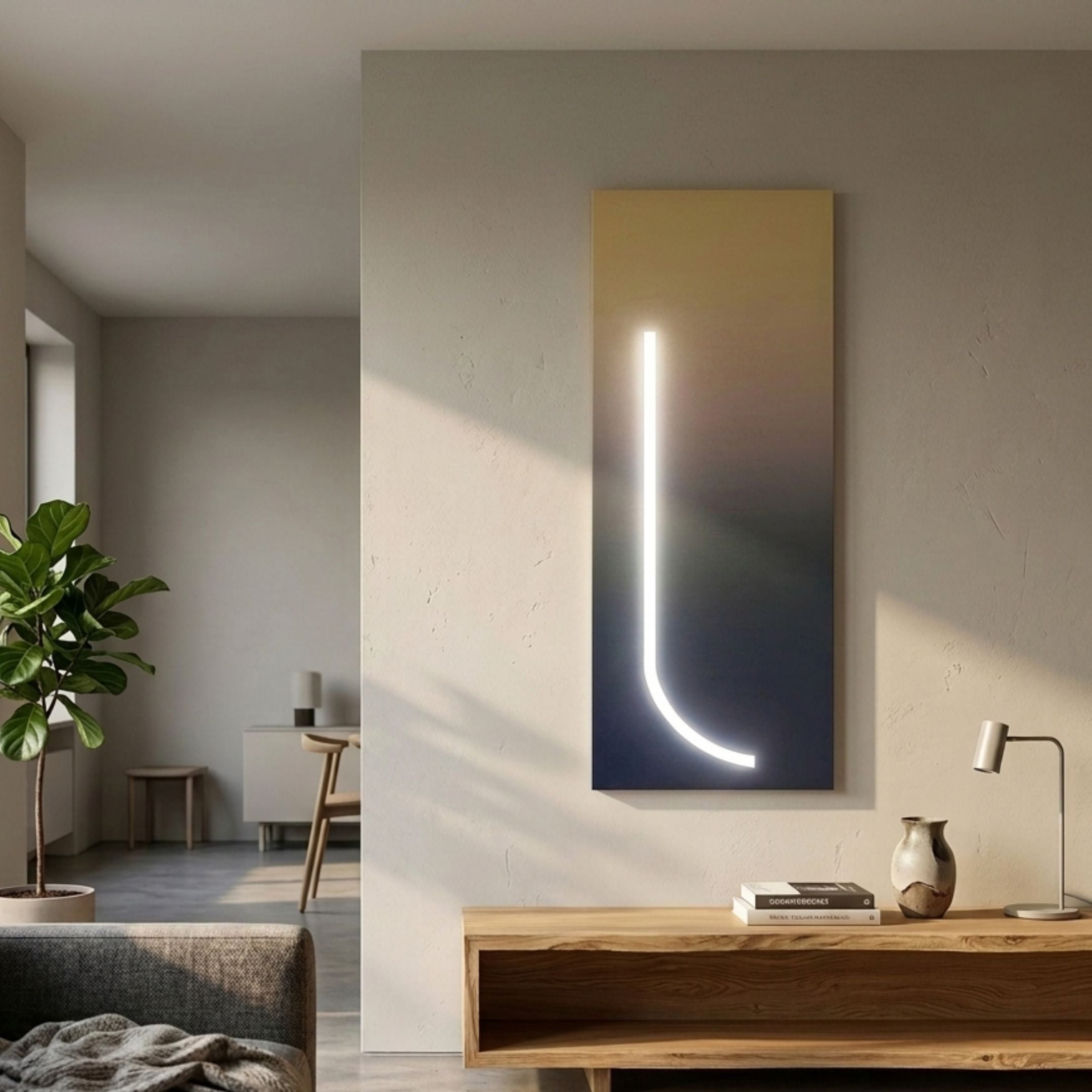 Arcolume II Neutral Gradient Geometric LED Wall Art by Giant Sculptures mounted vertically in a minimalist living room above an oak console with vase and lamp.