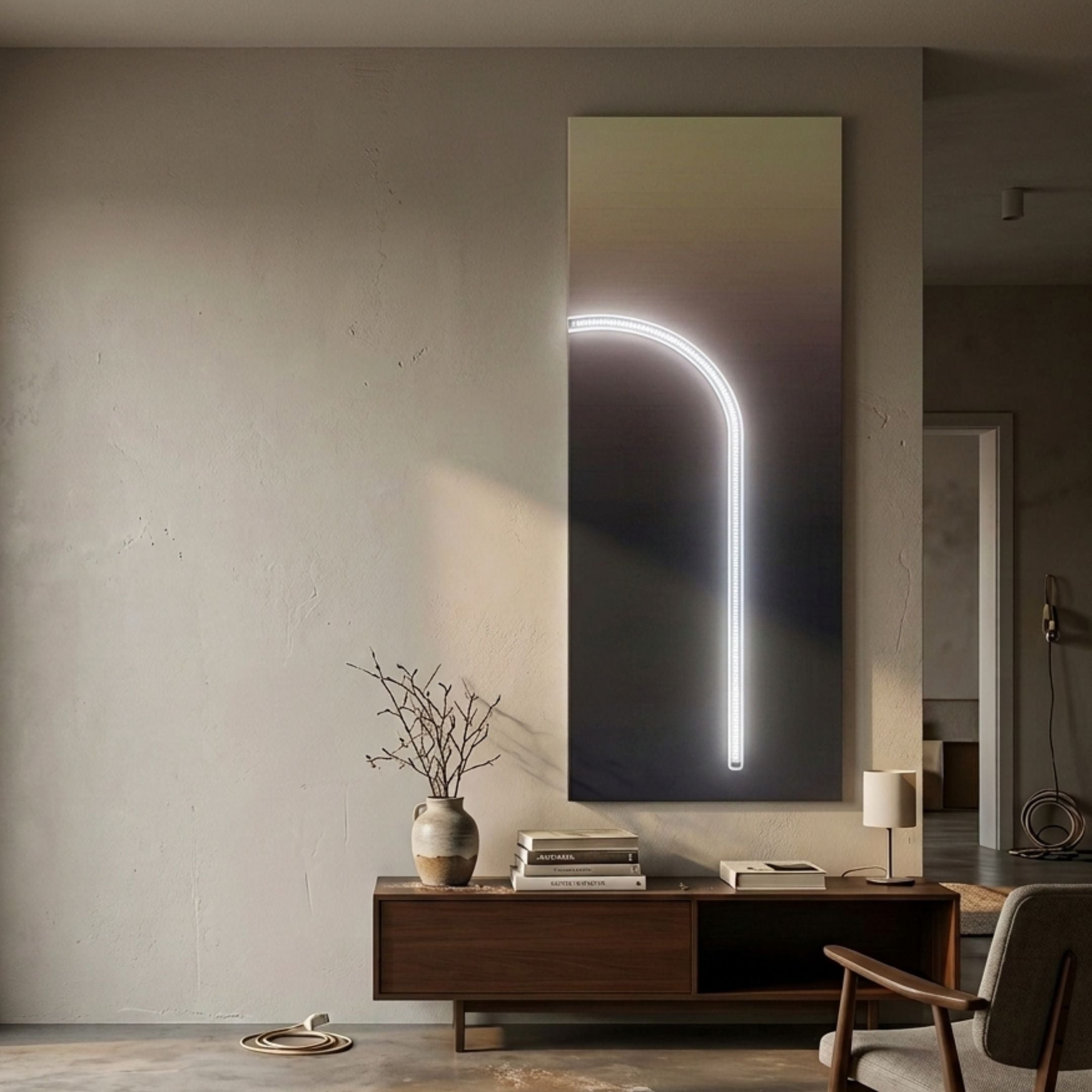 Arcolume I Neutral Gradient Geometric LED Wall Art by Giant Sculptures, mounted above a walnut console with vase and lamp in a modern minimalist living room.