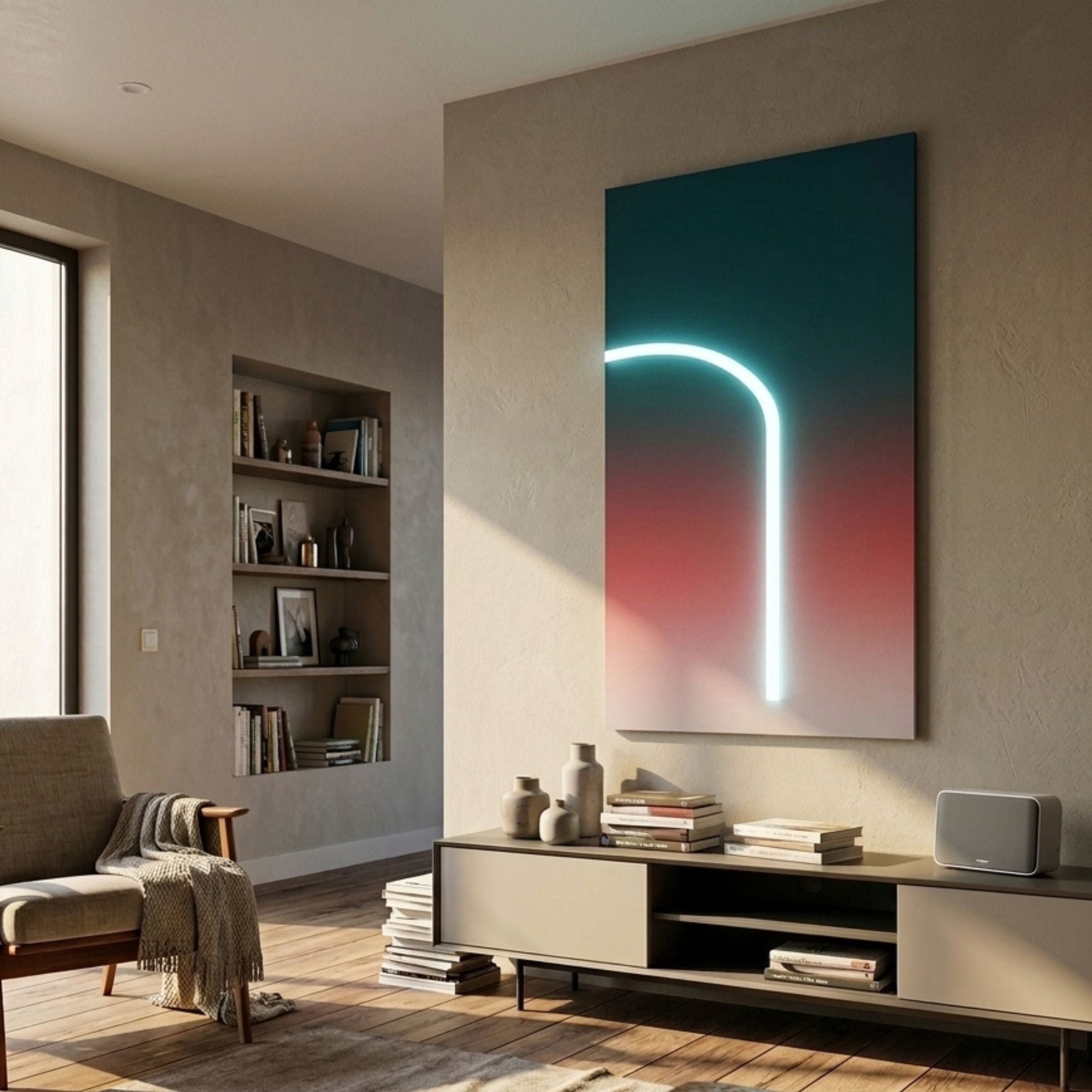 Arcolume I Geometric Abstraction Gradient LED Wall Art by Giant Sculptures, with an inverted L-shaped white LED line on a teal-to-red gradient, displayed above a media console in a modern living room.