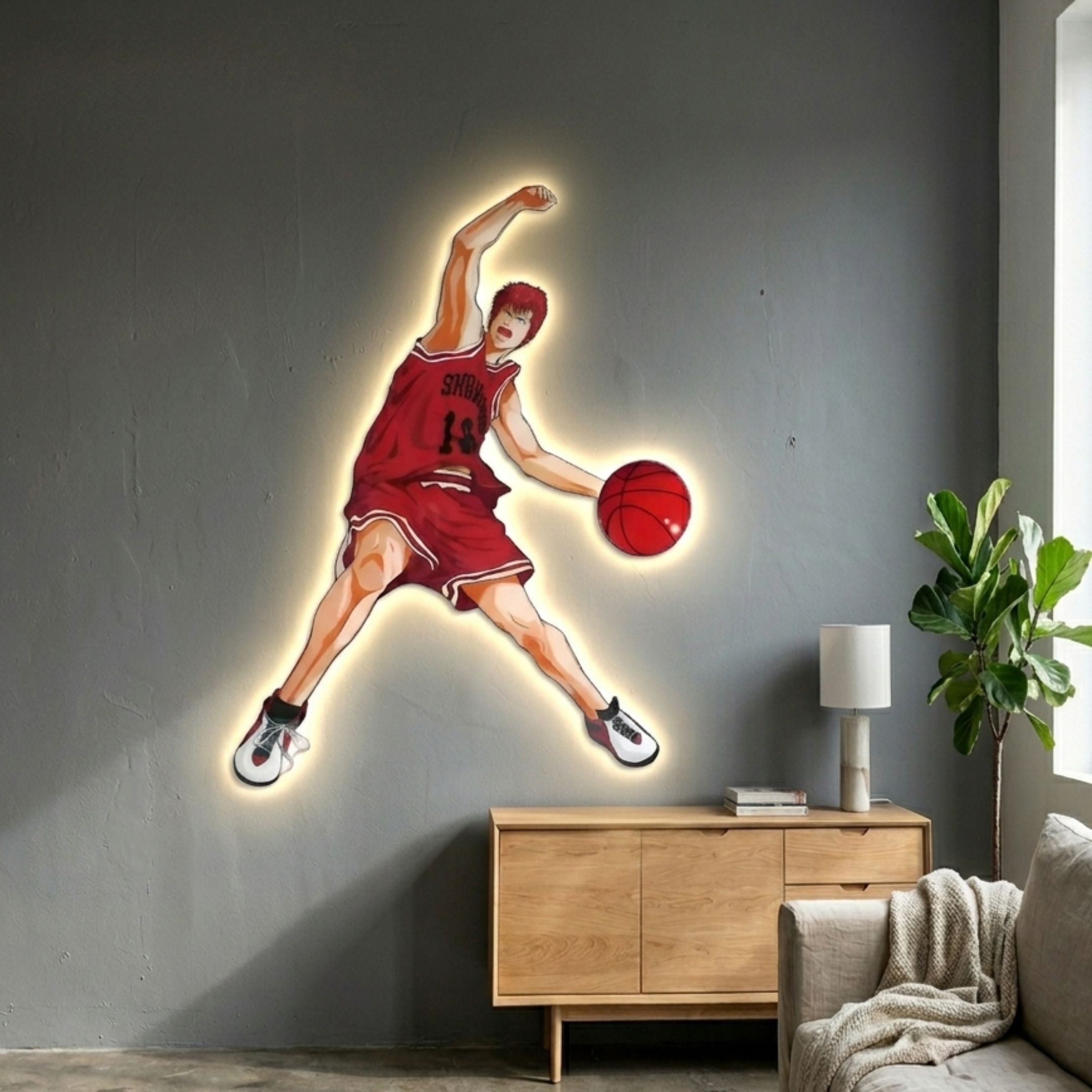Enlustra I Game On UV Wood LED Wall Art showing a red-haired anime basketball player mid-leap with glowing ball, mounted on a grey living room wall.