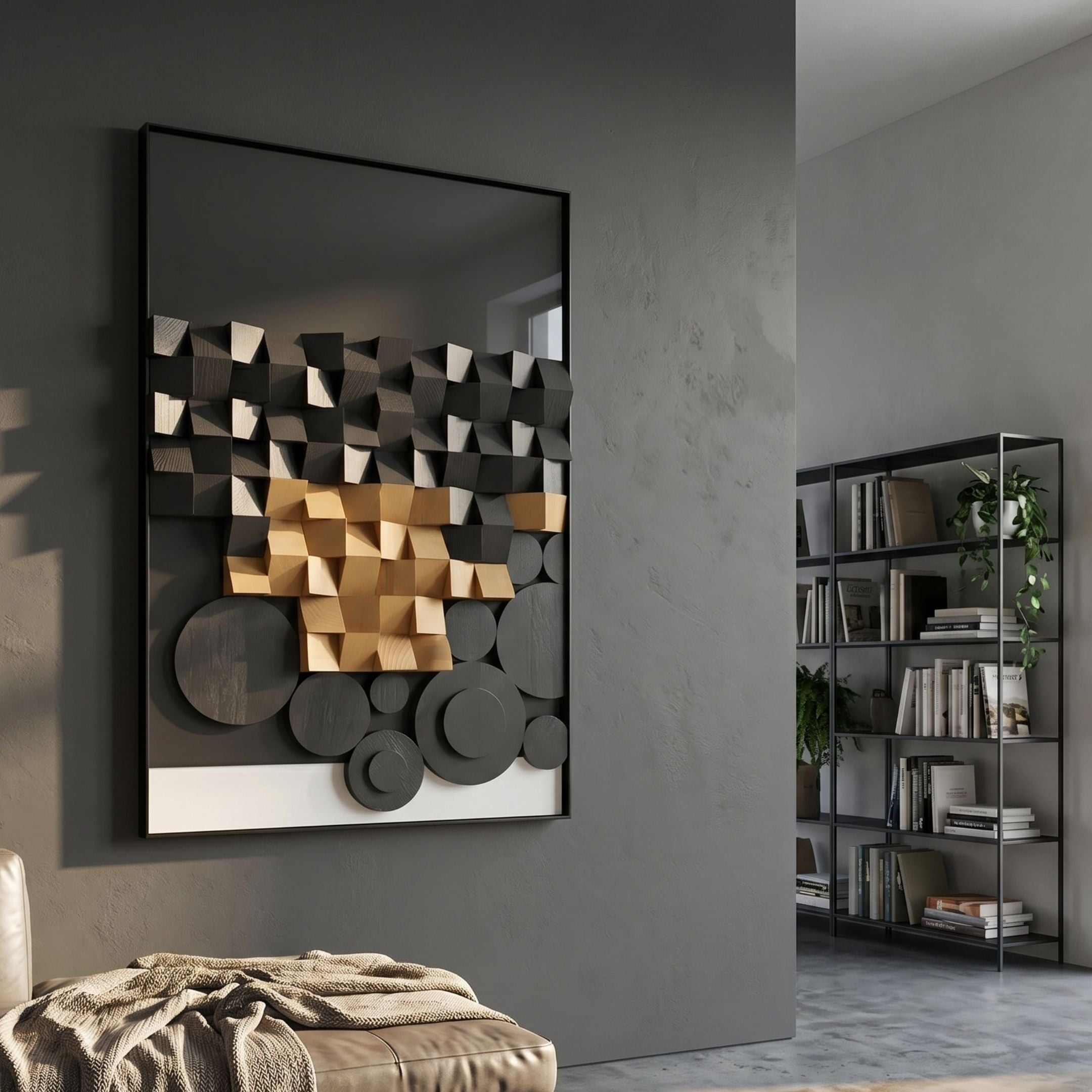 Obscura Black & Gold Geometric 3D Wooden Wall Art by Giant Sculptures mounted on a grey wall in a modern living room beside a black bookshelf.