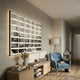 Muraluxe Monochrome Landscape Curved Mosaic 3D Wooden Wall Art backlit above a wooden console with books and pampas, beside a blue armchair and tripod floor lamp.