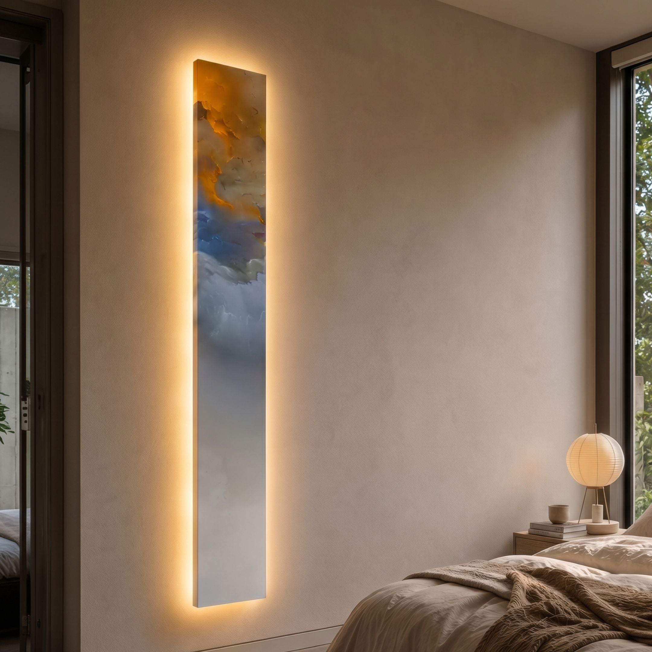 Chroma Amber Textured Layers LED Wall Art Canvas by Giant Sculptures, a tall vertical piece with amber-gold, blue and white swirls glowing on a bedroom wall.
