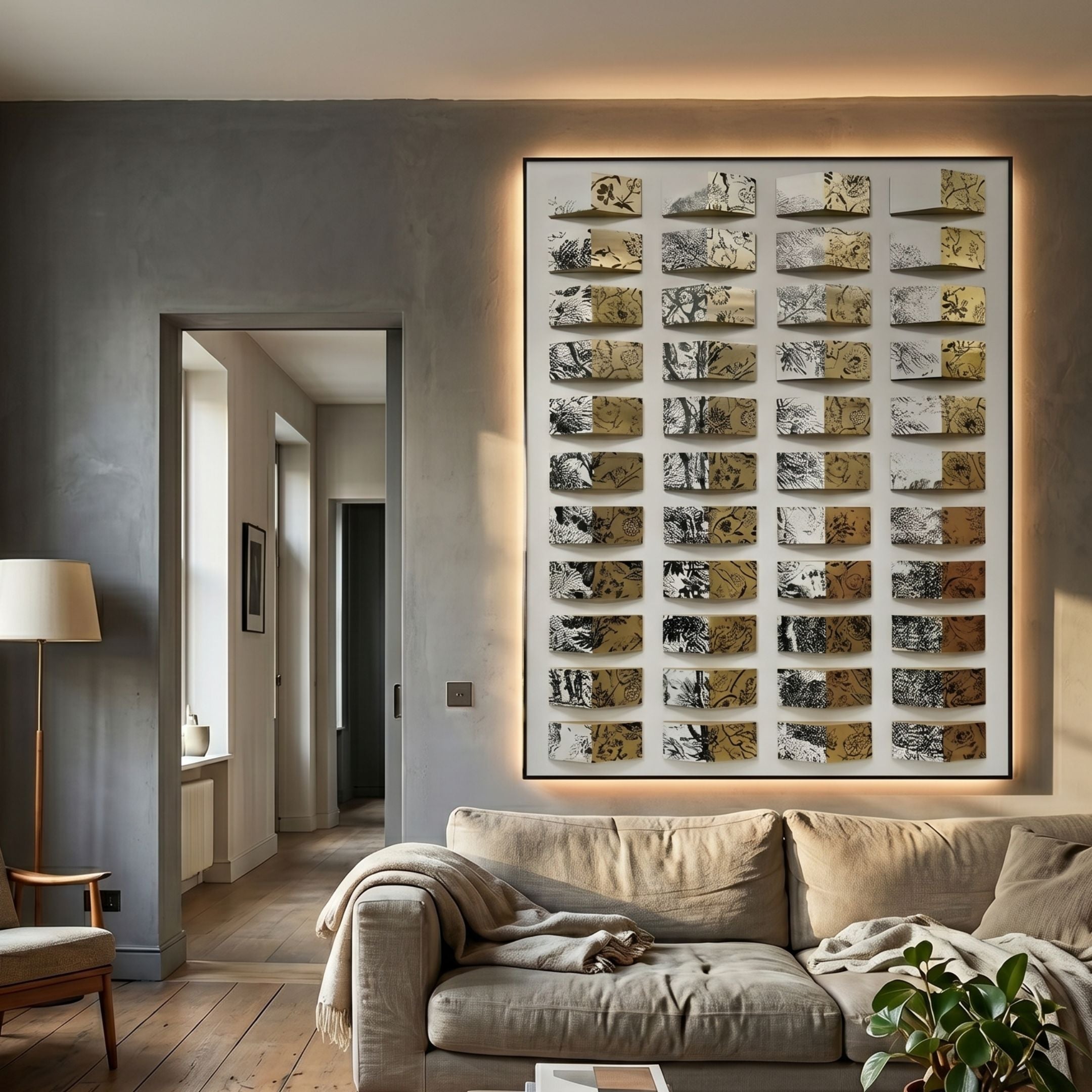 Muraluxe Gold & Black Curved Mosaic 3D Wooden Wall Art by Giant Sculptures displayed above a beige sofa in a grey living room with backlighting.