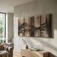 Harmonic Forms 4-Panel Rustic Bronze Wood Carving 3D Wall Art by Giant Sculptures displayed above a light wood console in a modern living room with neutral walls.