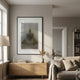 Illusive Meditative Pose Wood Carving 3D Wall Art by Giant Sculptures displayed above an oak sideboard in a neutral living room with linen sofa and floor lamp.