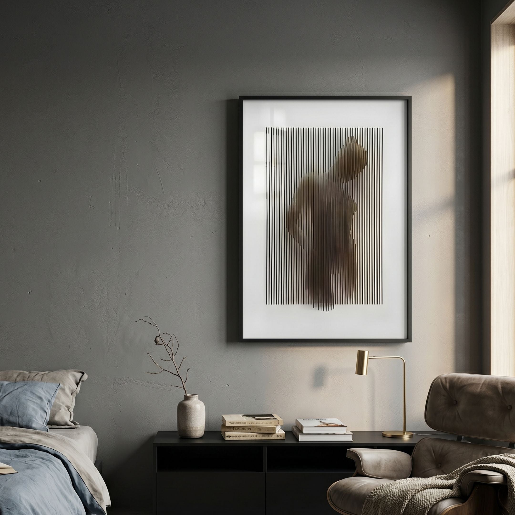 Illusive Standing Figure Wood Carving 3D Wall Art by Giant Sculptures, framed above a black console with brass lamp in a grey-walled bedroom corner.