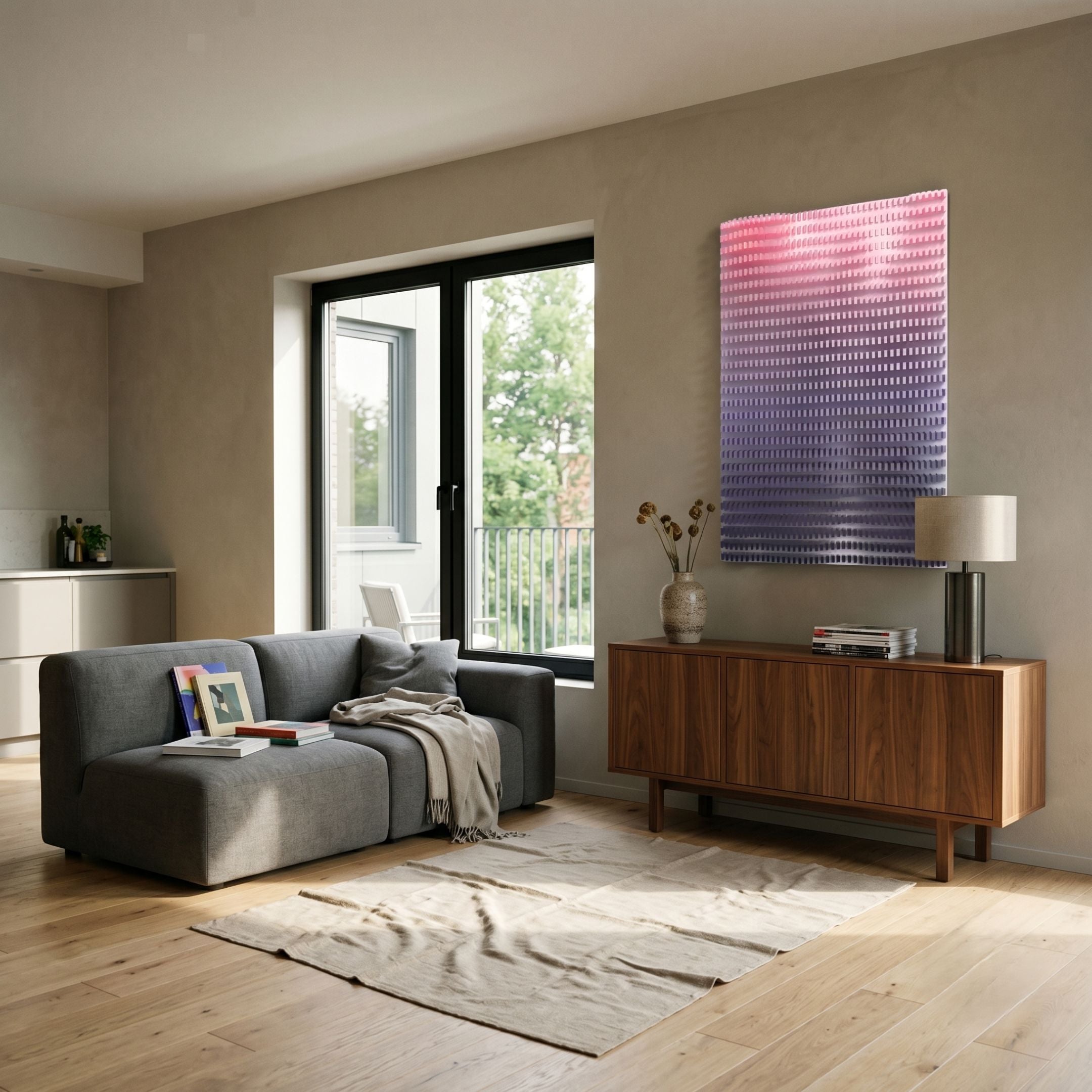 Wavluxe Gradient Pink & Purple Wood Mosaic Vertical 3D Wall Art by Giant Sculptures displayed above a walnut sideboard in a modern living room with grey sofa.