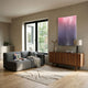 Wavluxe Gradient Pink & Purple Wood Mosaic Vertical 3D Wall Art by Giant Sculptures displayed above a walnut sideboard in a modern living room with grey sofa.