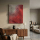 Reflexion Ruby Red Cube Mosaic 3D Wooden Wall Art by Giant Sculptures, displayed above a walnut sideboard with vase and lamp in a modern living room.