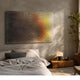 Wavluxe Gradient Sunset Glow Wood Mosaic 3D Wall Art mounted above a linen-dressed bed, with a wooden nightstand, lamp, and potted tree alongside.