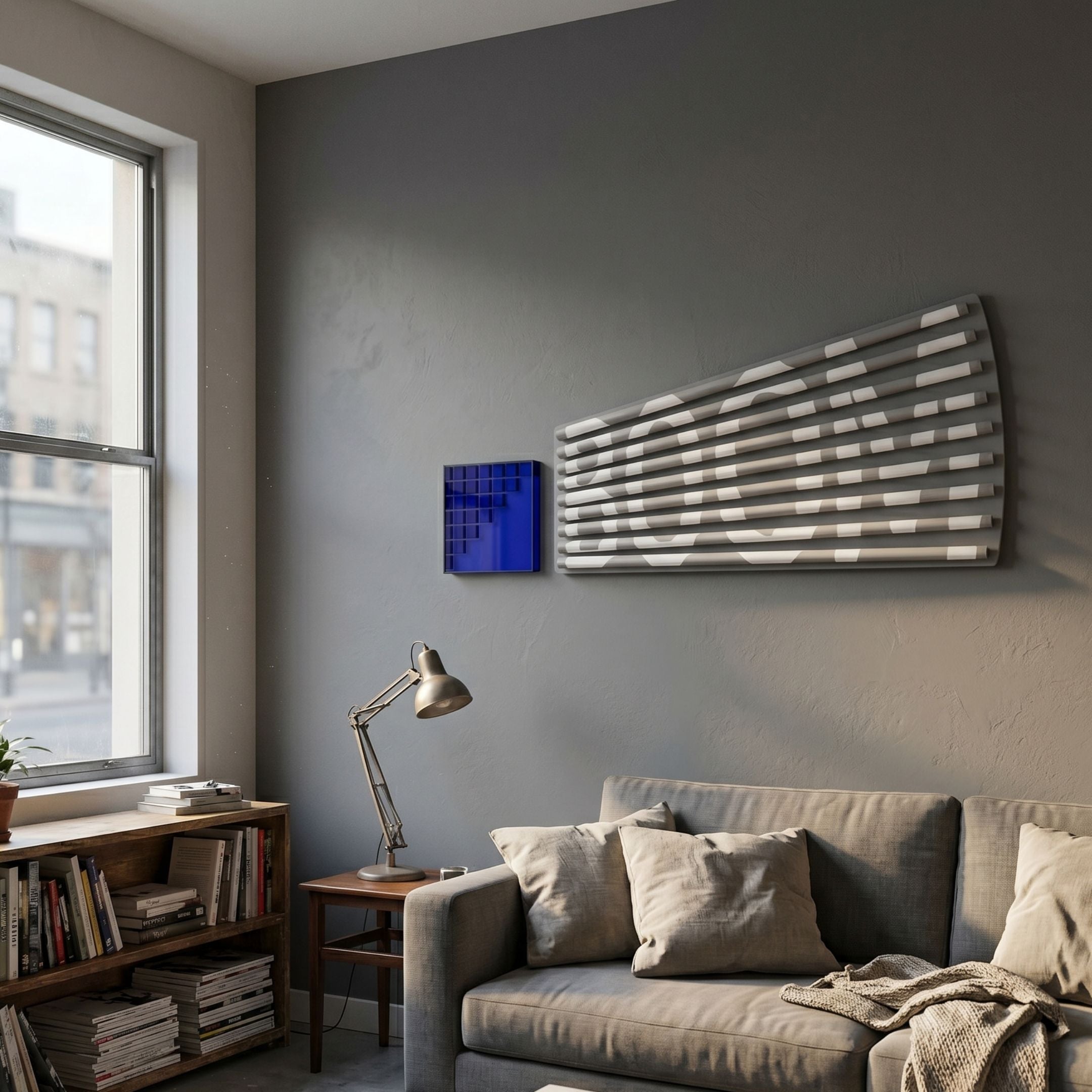 Illustra Deep Blue Highlight BOOM Text 3D Wooden Wall Art by Giant Sculptures, displayed in a grey living room above a sofa beside a window and desk lamp.