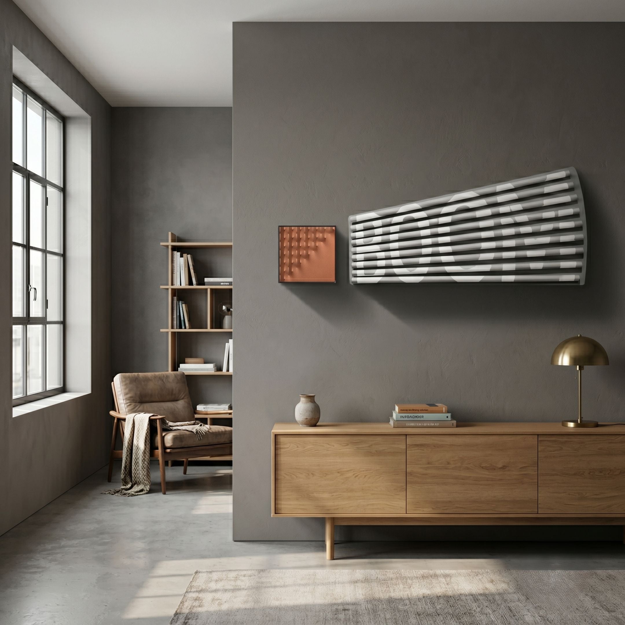 Illustra Bronze Highlight BOOM Text 3D Wooden Wall Art by Giant Sculptures mounted on a grey wall above an oak sideboard in a modern living room.