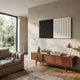 Contrasto Dual-Tone Geometric 3D Wooden Wall Art by Giant Sculptures, mounted above a walnut sideboard with lamp and vase in a sunlit modern living room.