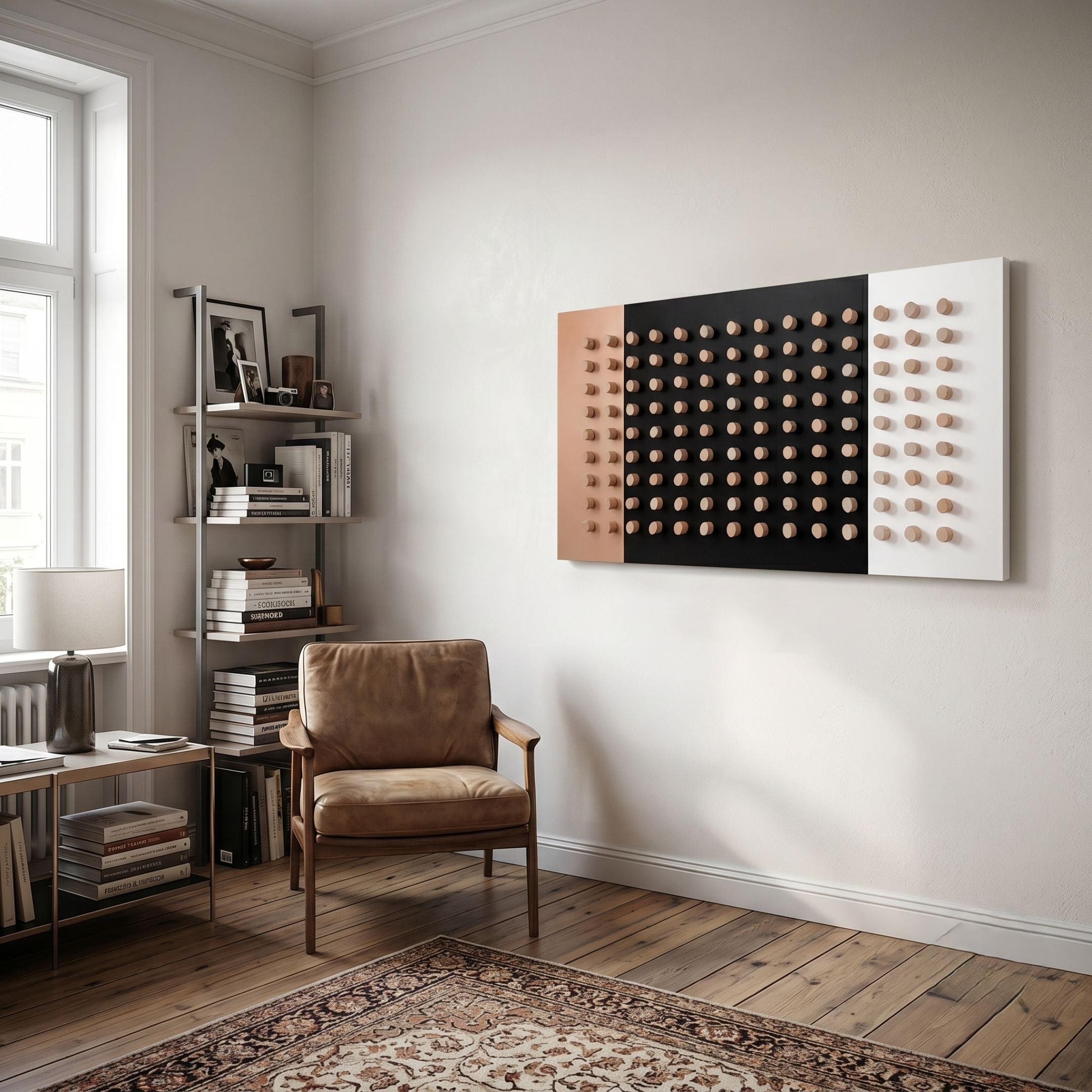 Contrasto Black, White & Beige Geometric 3D Wooden Wall Art by Giant Sculptures displayed above a leather armchair beside a bookshelf in a Scandinavian living room.