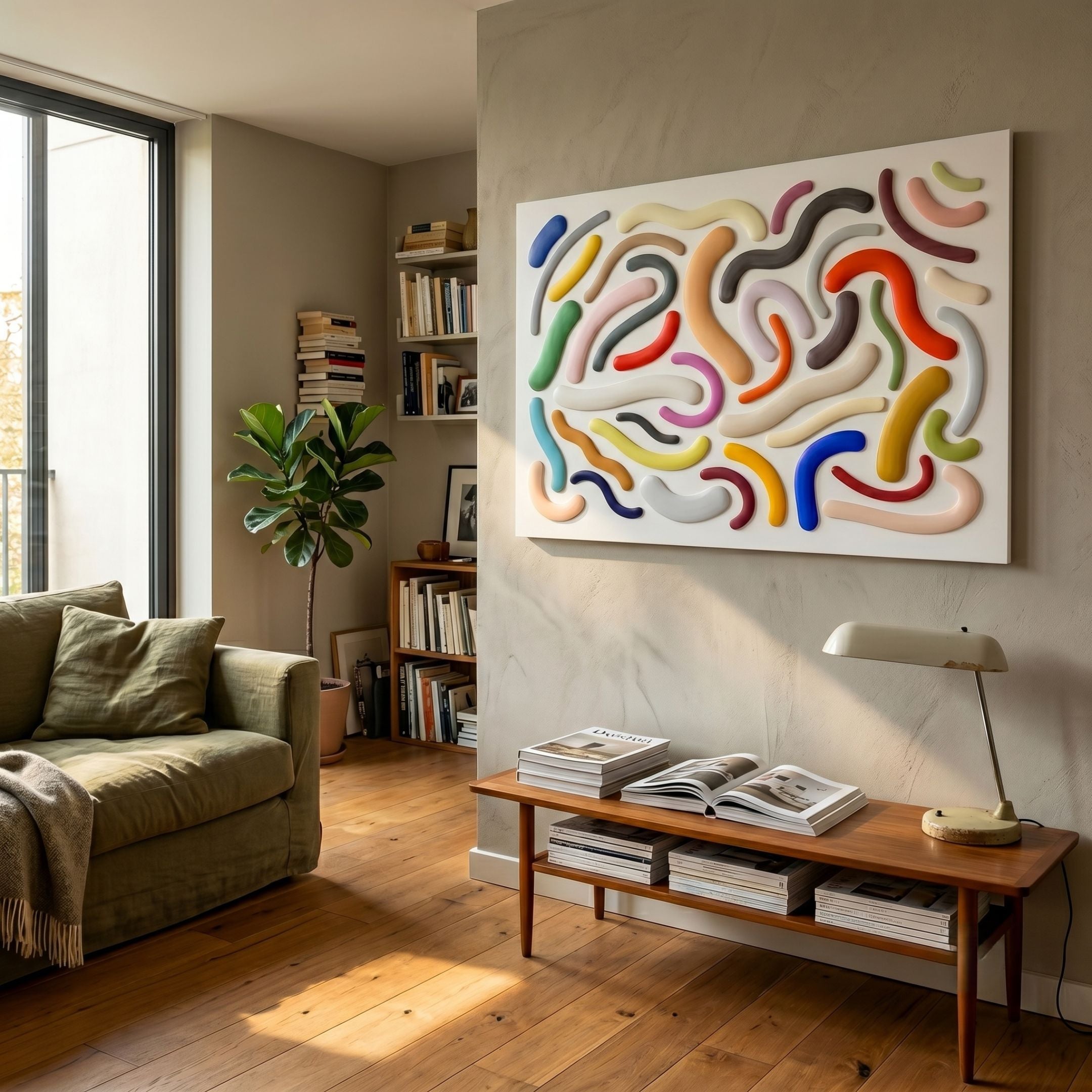 Chromisma Multicolour Abstract Curves Hand-Painted 3D Wall Art by Giant Sculptures displayed above a wooden console in a sunlit living room with green sofa.