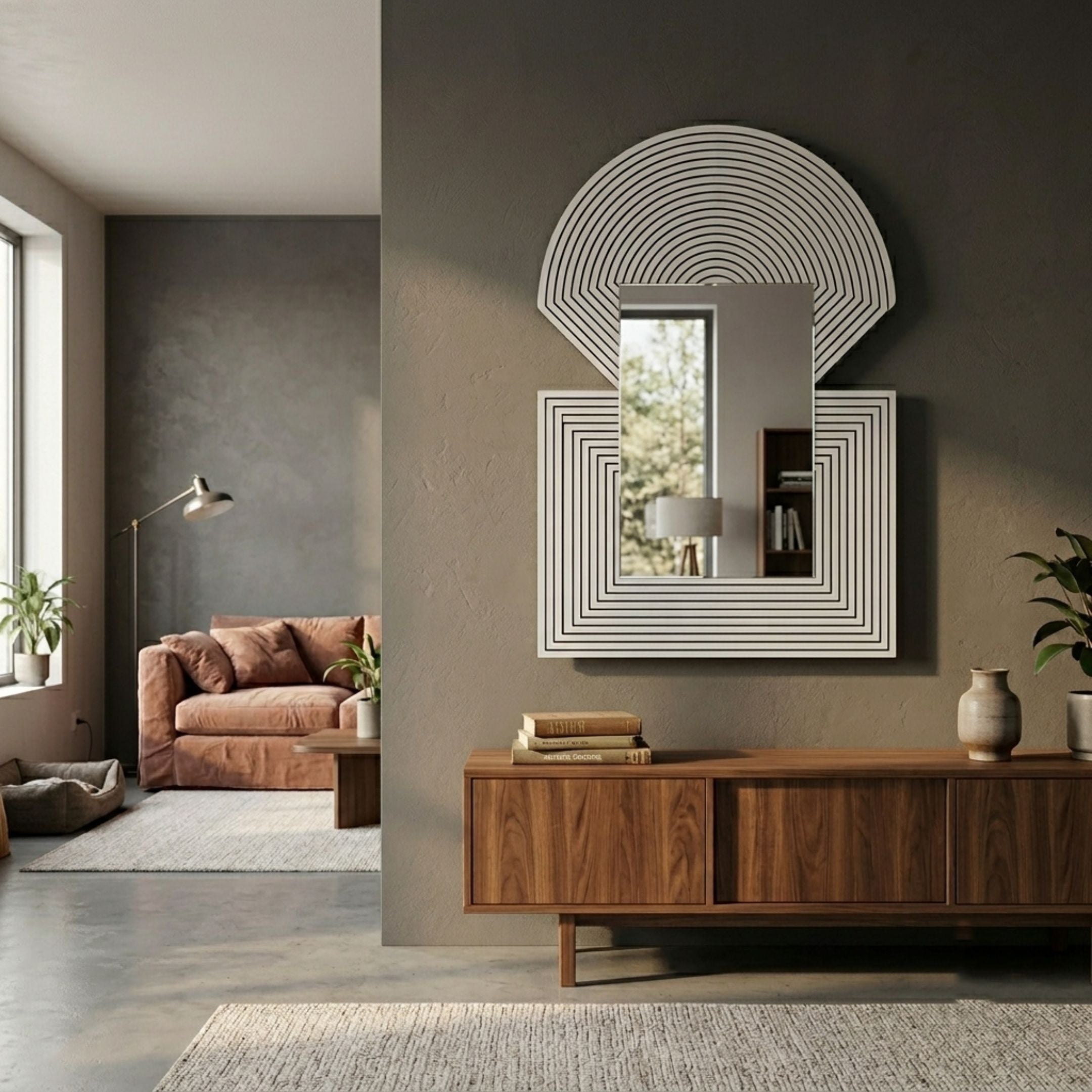 Aurellis Silver Arch & Square Geometric Mirror Frame Wall Art mounted on a grey wall above a walnut sideboard in a modern living room with a terracotta sofa.