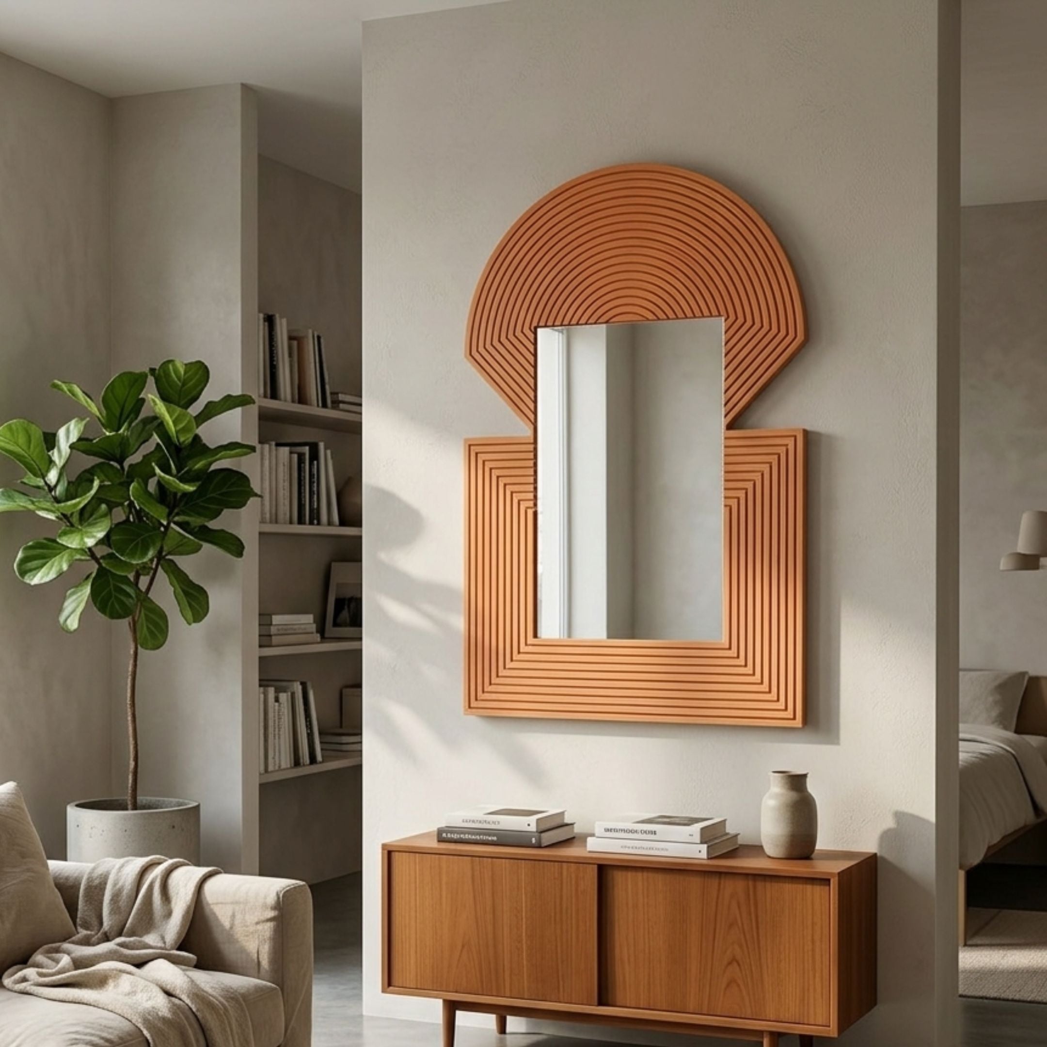 Aurellis Terracotta Arch & Square Geometric Mirror Frame Wall Art by Giant Sculptures displayed above a teak sideboard in a neutral living room with fiddle leaf fig.