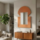 Aurellis Terracotta Arch & Square Geometric Mirror Frame Wall Art by Giant Sculptures displayed above a teak sideboard in a neutral living room with fiddle leaf fig.