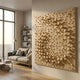 Orbila Circular Flow Wooden Spheres 3D Wall Art by Giant Sculptures mounted in a modern living room above a beige sofa and bookshelf beside a tall window.