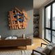 Lignos Multicolour Highlights Layered Wooden Strips 3D Wall Art by Giant Sculptures, with navy accents, mounted above a walnut sideboard in a sunlit living room.