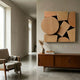 Lignos Wooden Circles & Squares Geometric 3D Wall Art by Giant Sculptures displayed above a walnut sideboard with a vase of pampas grass in a minimalist room.