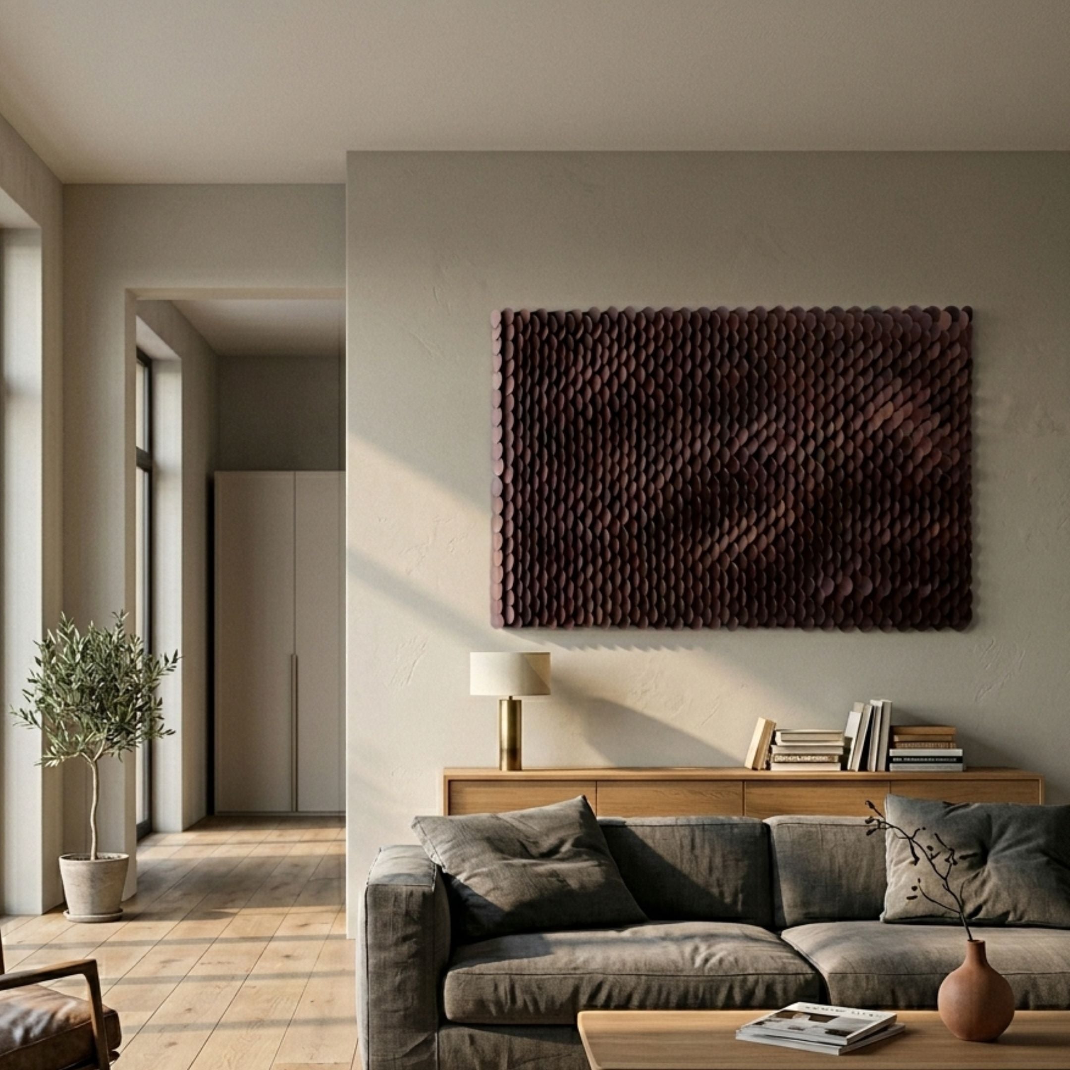 Serica Brown Scale Textured Horizontal 3D Wooden Wall Art by Giant Sculptures mounted above a wooden sideboard in a modern living room with grey sofa.