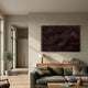 Serica Brown Scale Textured Horizontal 3D Wooden Wall Art by Giant Sculptures mounted above a wooden sideboard in a modern living room with grey sofa.