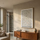 Artiora Wood Block Modular Grid 3D Wall Art by Giant Sculptures displayed above a walnut sideboard in a sunlit beige living room with ceramic vase.
