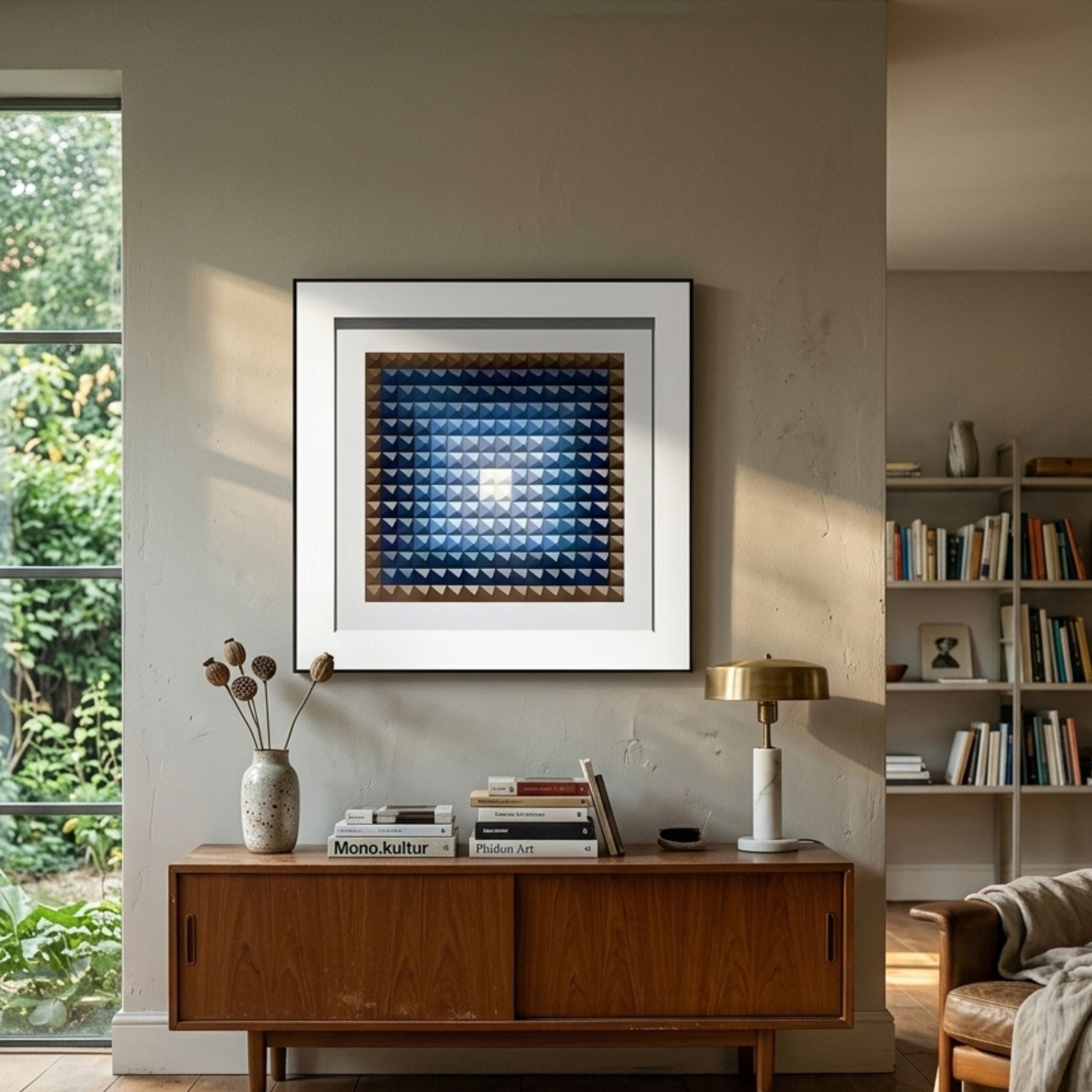 Viretta Blue Gradient Pyramid Textured 3D Wooden Wall Art framed above a mid-century teak sideboard with brass lamp, books, and vase in a sunlit living room.