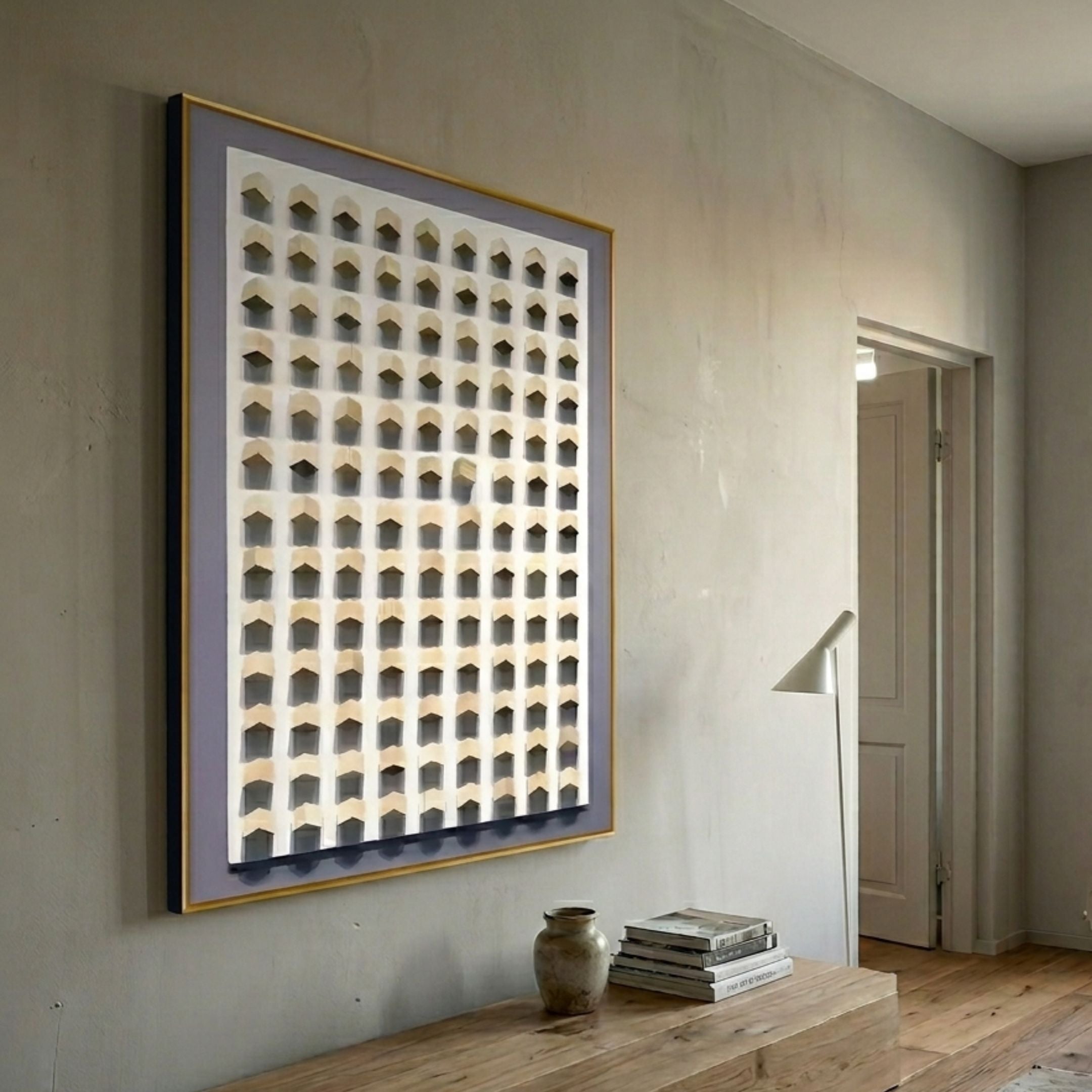 Artiora Soft Purple Edge & Wood Block Modular Grid 3D Wall Art by Giant Sculptures displayed above a wooden console with vase, books, and floor lamp in hallway.
