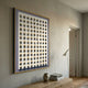 Artiora Soft Purple Edge & Wood Block Modular Grid 3D Wall Art by Giant Sculptures displayed above a wooden console with vase, books, and floor lamp in hallway.