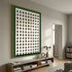 Artiora Green Edge & Wood Block Modular Grid 3D Wall Art with white cube blocks on green ground and gold frame, mounted above a console in a living room.