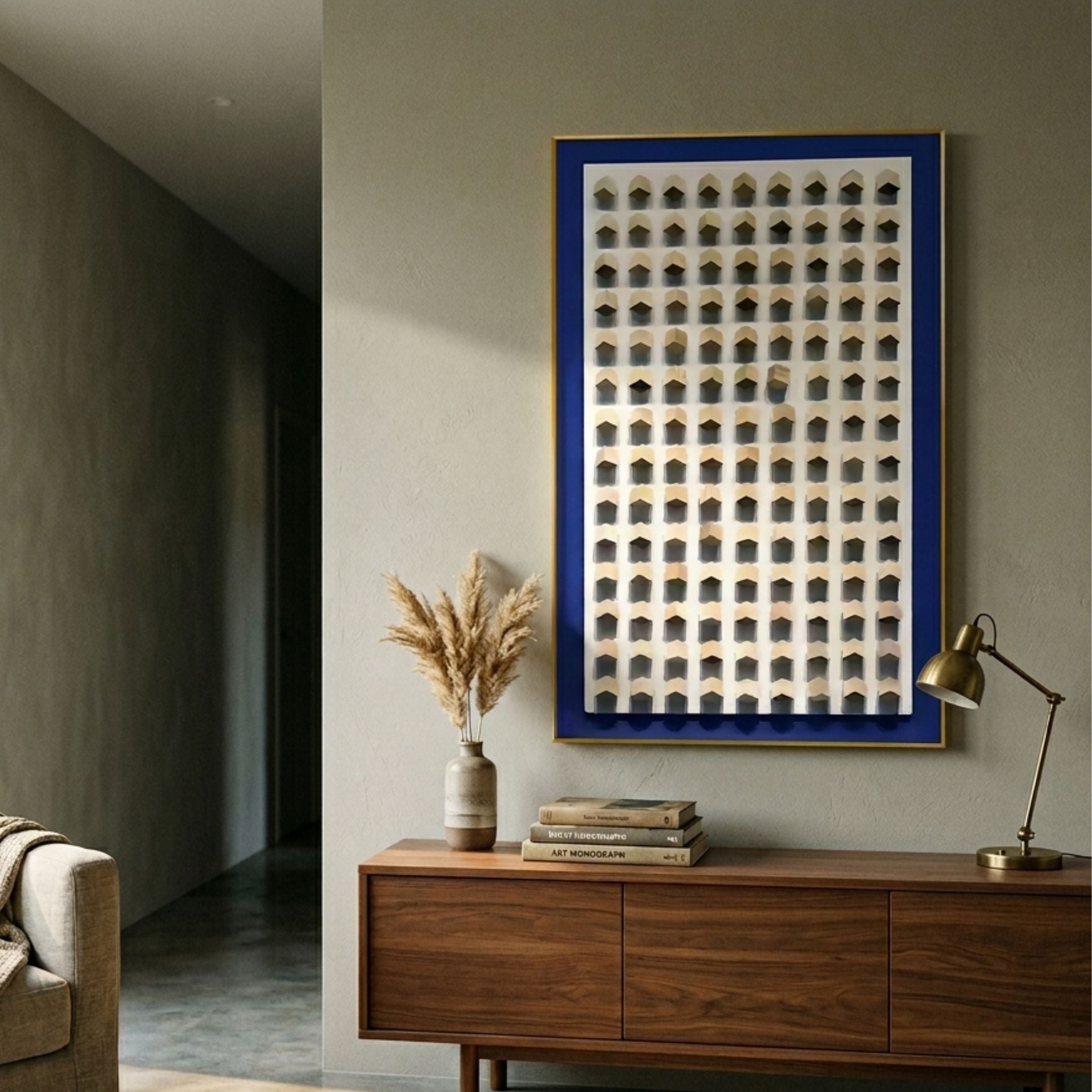 Artiora Blue Edge & Wood Block Modular Grid 3D Wall Art by Giant Sculptures, mounted above a walnut sideboard with pampas grass, books, and a brass lamp.