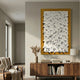 Artiora Gold Edge & White Abstract Wooden Shard 3D Wall Art by Giant Sculptures displayed above a walnut sideboard with books, pampas grass, and lamp in a hallway.