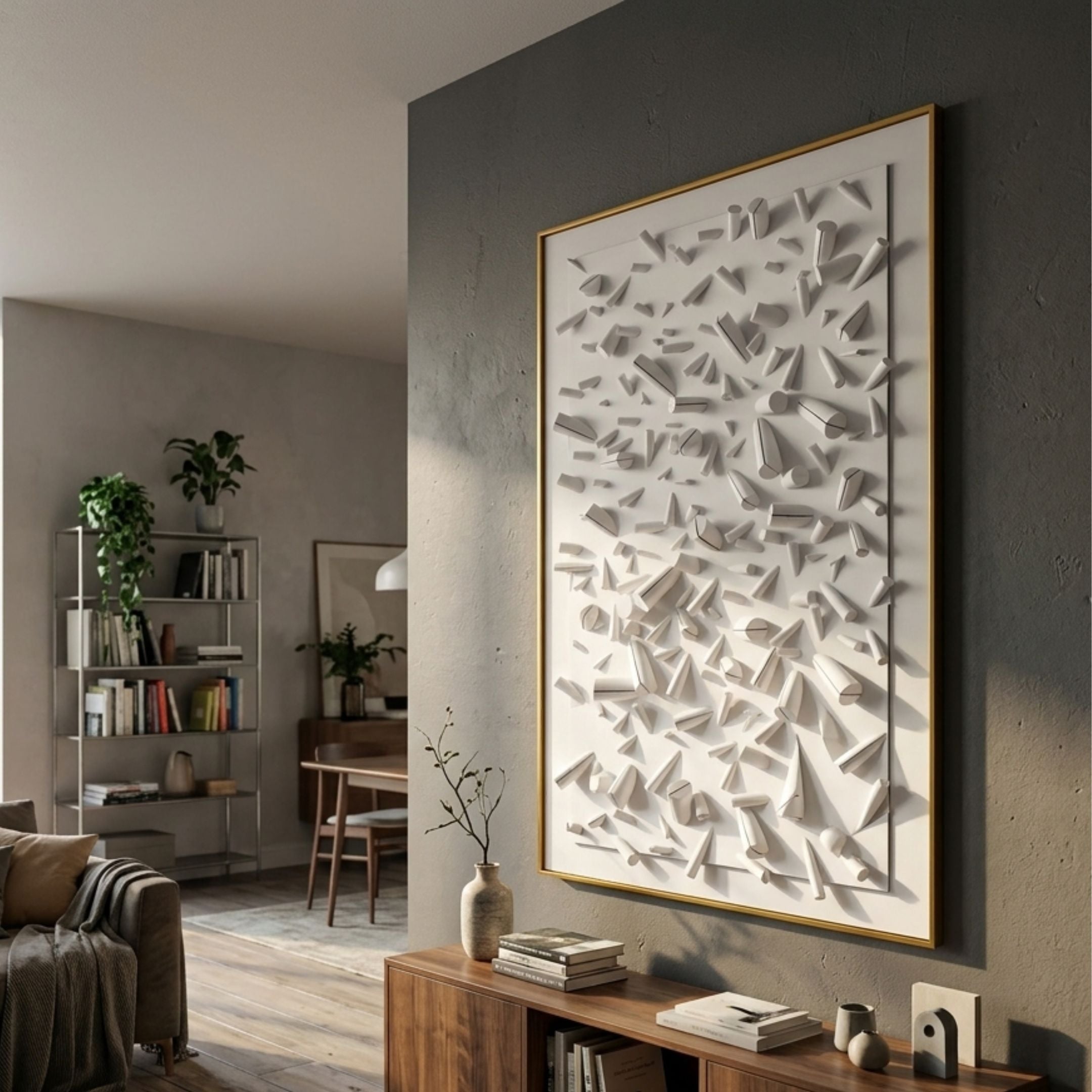 Artiora White Abstract Wooden Shard 3D Wall Art in a gold frame mounted on a dark grey wall in a modern living room above a wooden console.