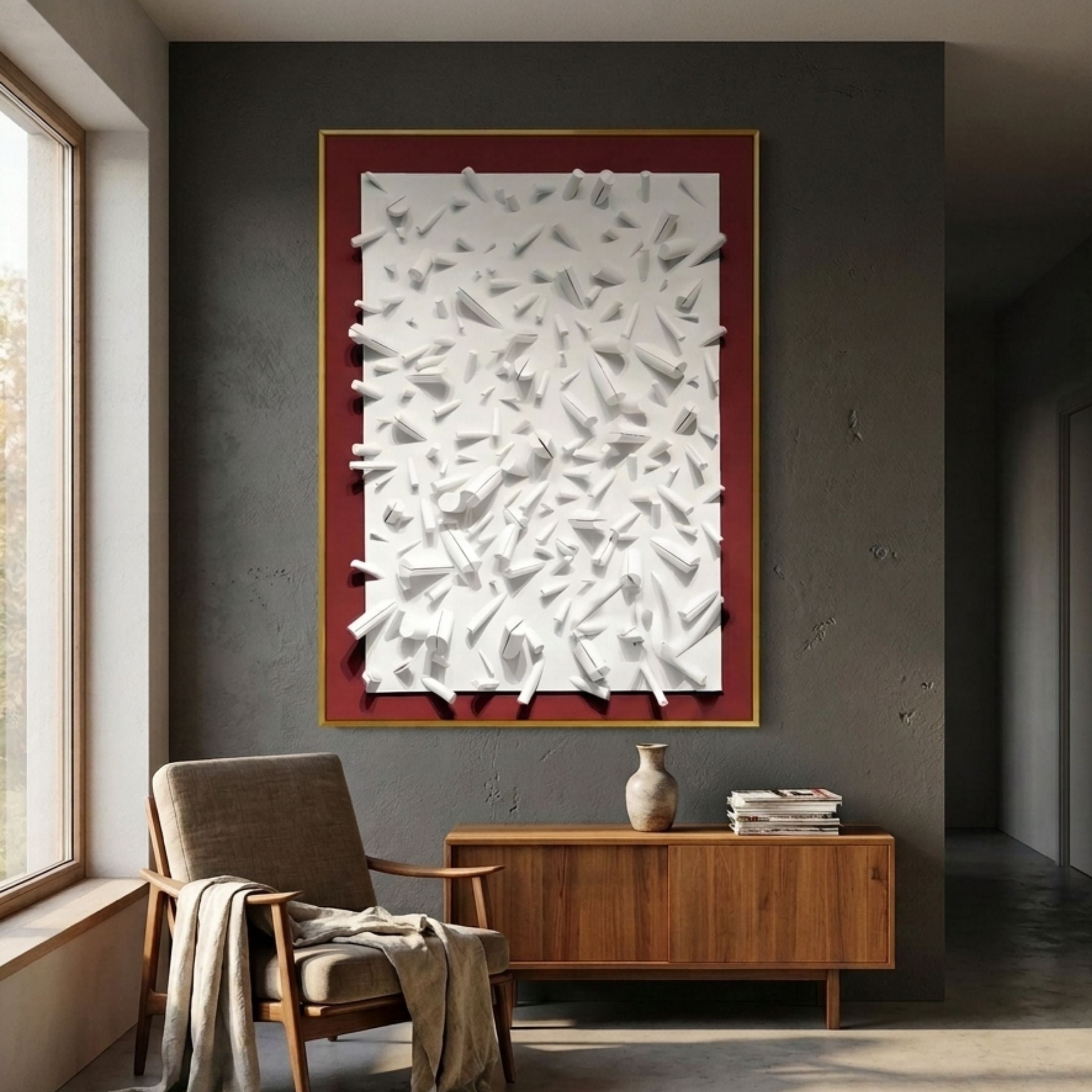 Artiora Red Edge & White Abstract Wooden Shard 3D Wall Art with gold border displayed above a wooden sideboard and armchair in a grey-walled room.