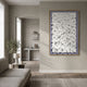 Artiora Green Edge & White Abstract Wooden Shard 3D Wall Art with gold trim displayed on a beige wall in a modern living room with grey sofa and olive tree.