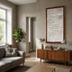 Forma Red-Edge & White Geometric 3D Wooden Vertical Wall Art by Giant Sculptures displayed above a walnut sideboard in a sunlit living room with grey sofa.